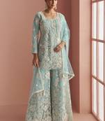 Light sky blue net embroidered beads trendy plazzo suit