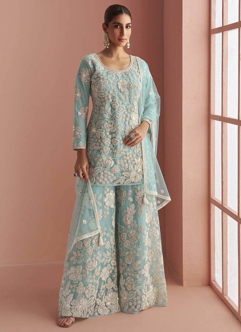Light sky blue net embroidered beads trendy plazzo suit
