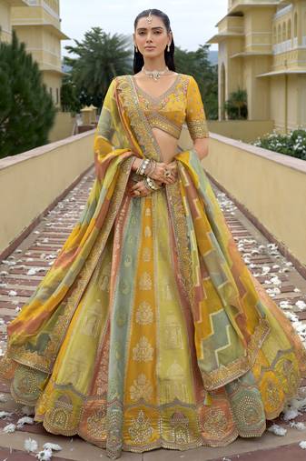 multicolor silk embroidered & handwork wedding wear lehenga choli