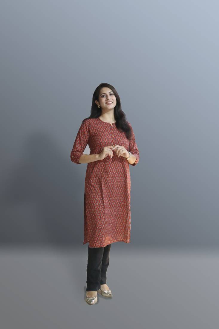 Women's cotton maroon with multi color embellished kurta
