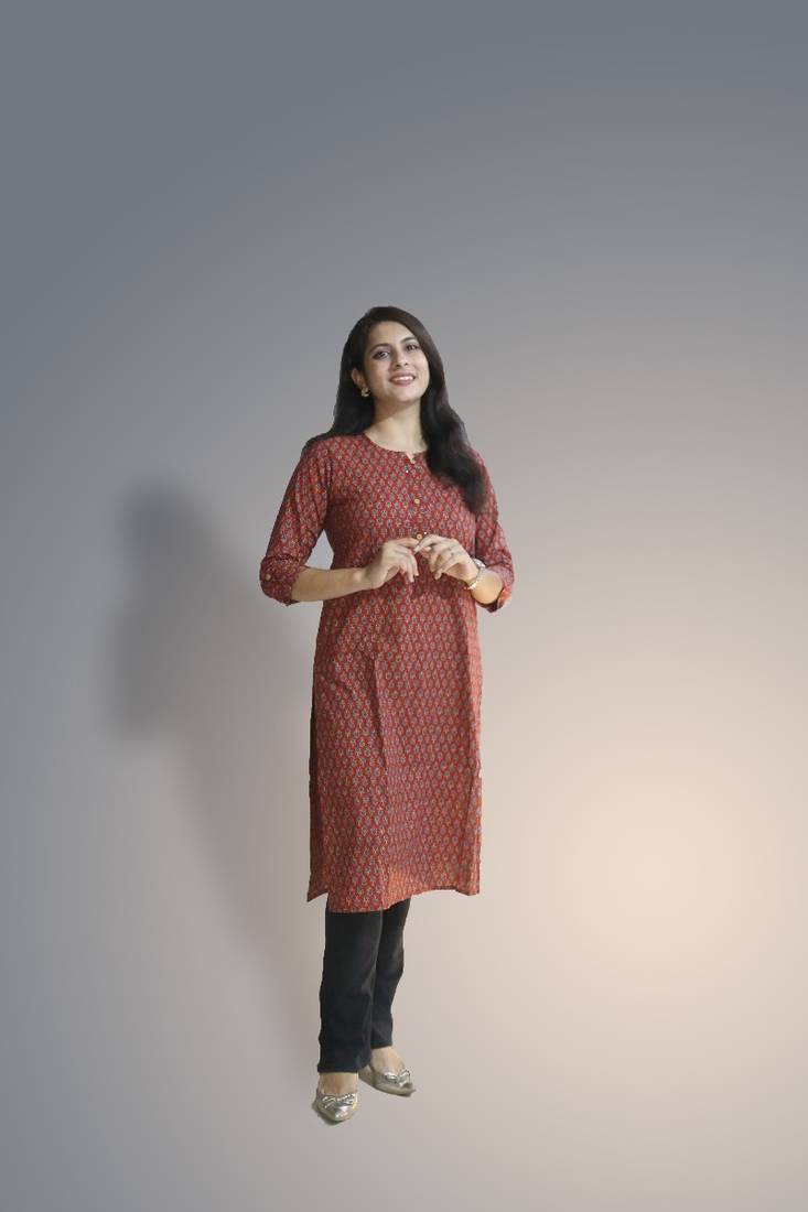 Women's cotton maroon with multi color embellished kurta
