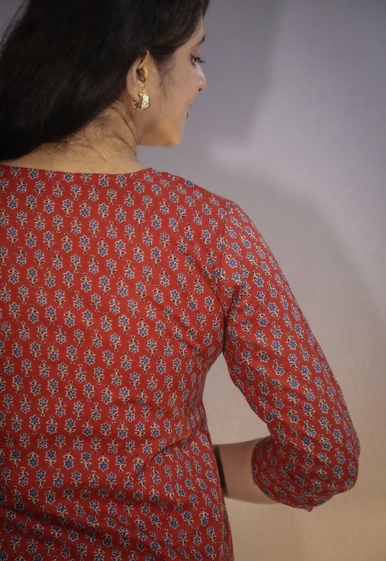 Women's cotton maroon with multi color embellished kurta