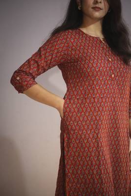 Women's cotton maroon with multi color embellished kurta 5