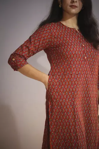 Women's cotton maroon with multi color embellished kurta