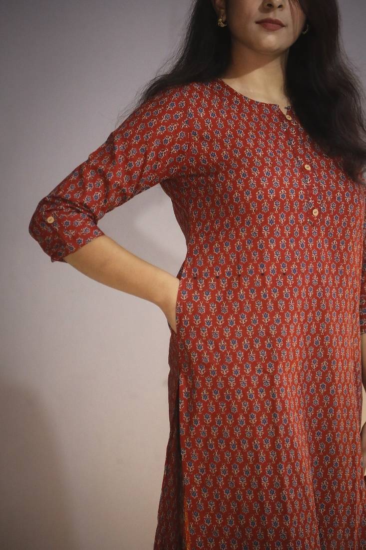 Women's cotton maroon with multi color embellished kurta