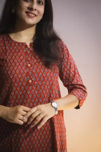 Women's cotton maroon with multi color embellished kurta