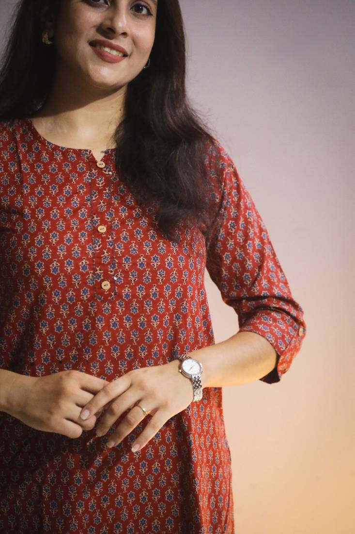 Women's cotton maroon with multi color embellished kurta