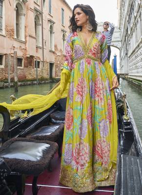 Parrot green chinon silk embroidered digital print festive look gown with dupatta 1