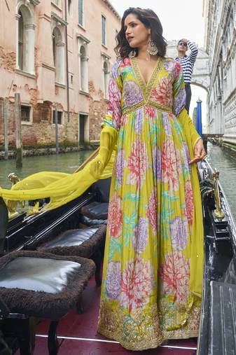 Parrot green chinon silk embroidered digital print festive look gown with dupatta