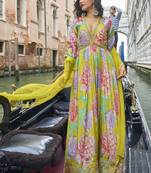 Parrot green chinon silk embroidered digital print festive look gown with dupatta