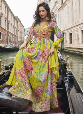 Parrot green chinon silk embroidered digital print festive look gown with dupatta 2