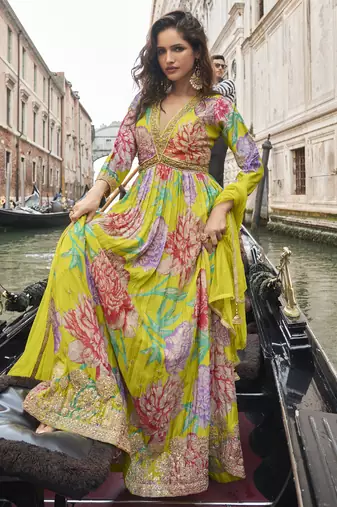 Parrot green chinon silk embroidered digital print festive look gown with dupatta