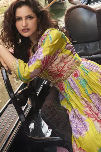 Parrot green chinon silk embroidered digital print festive look gown with dupatta