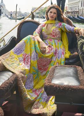 Parrot green chinon silk embroidered digital print festive look gown with dupatta 4