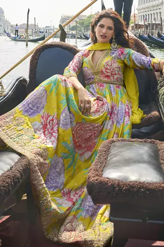 Parrot green chinon silk embroidered digital print festive look gown with dupatta