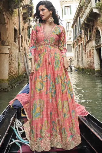 Peach chinon silk embroidered digital print festive look gown with dupatta