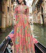 Peach chinon silk embroidered digital print festive look gown with dupatta
