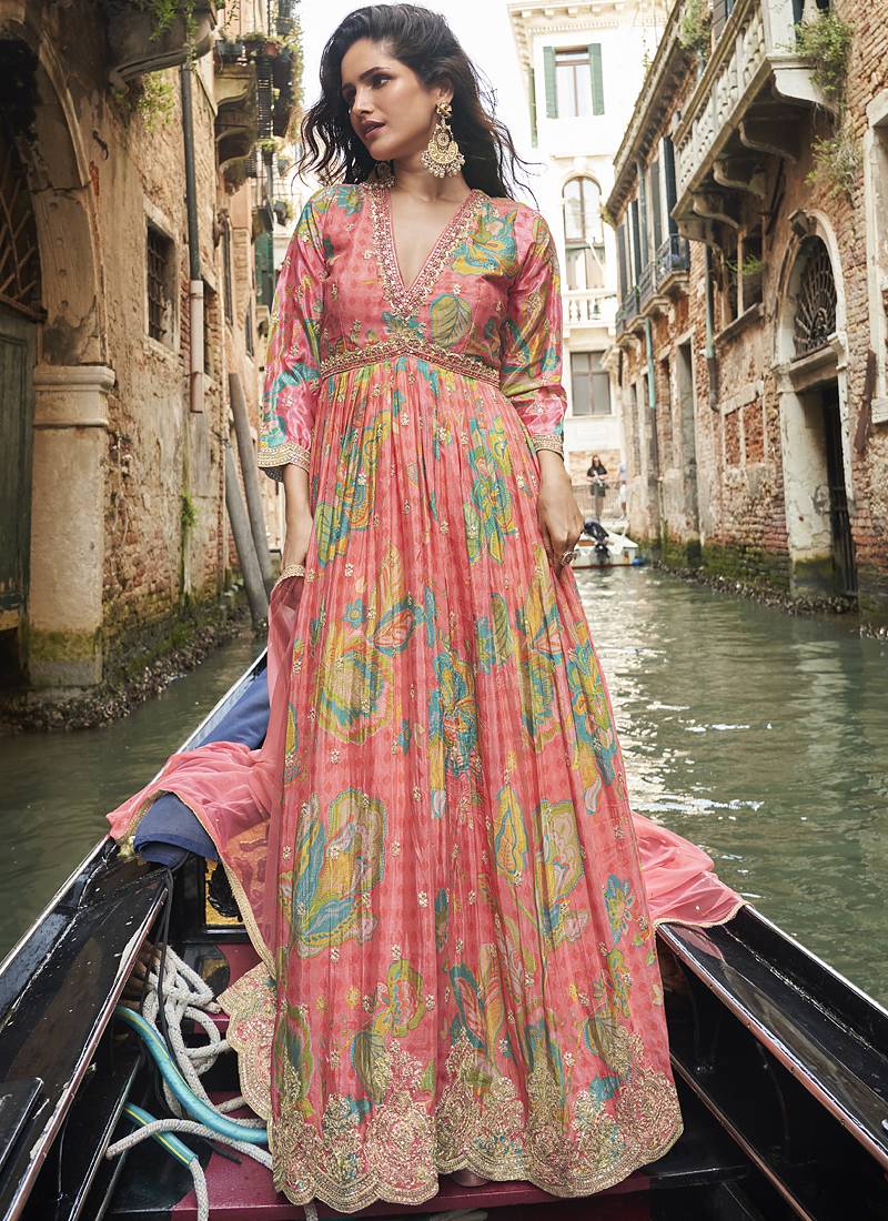 Peach chinon silk embroidered digital print festive look gown with dupatta