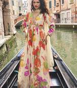 Cream chinon silk embroidered digital print festive look gown with dupatta
