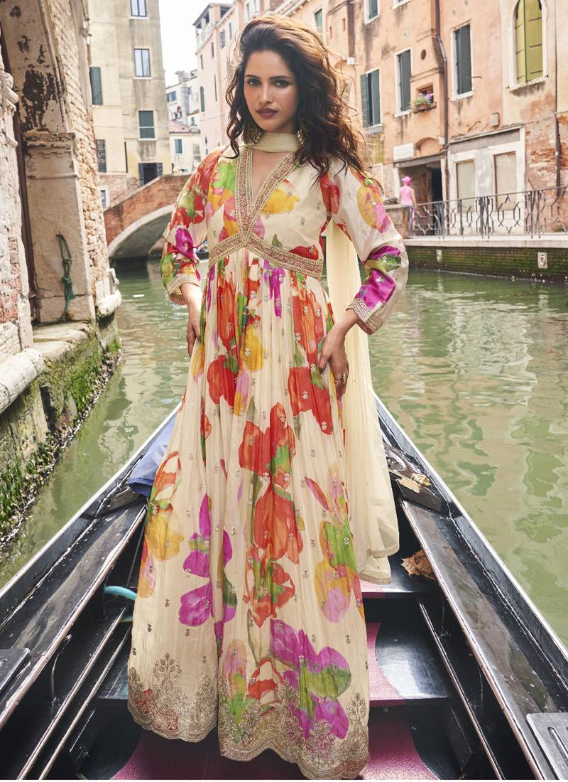 Cream chinon silk embroidered digital print festive look gown with dupatta