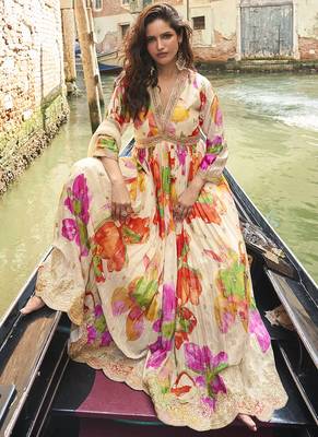 Cream chinon silk embroidered digital print festive look gown with dupatta 2