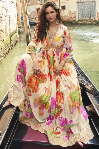 Cream chinon silk embroidered digital print festive look gown with dupatta