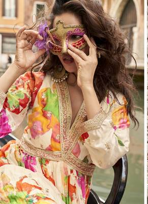 Cream chinon silk embroidered digital print festive look gown with dupatta 3