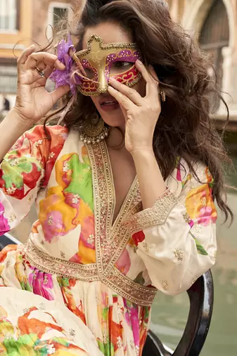 Cream chinon silk embroidered digital print festive look gown with dupatta