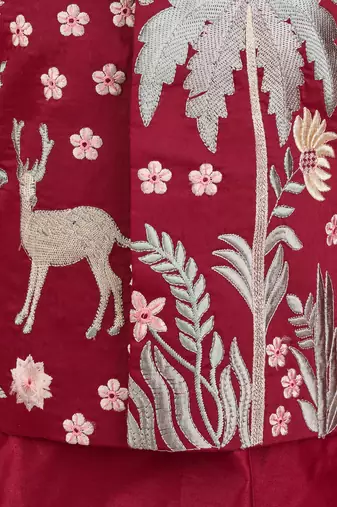  maroon silk blend embroidered nehru jacket set - diwali collection