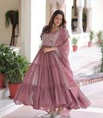 Peach zari & sequins embroidered work georgette stitched kurta & dupatta set