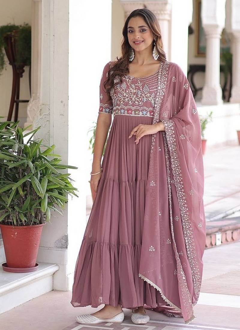 Peach zari & sequins embroidered work georgette stitched kurta & dupatta set