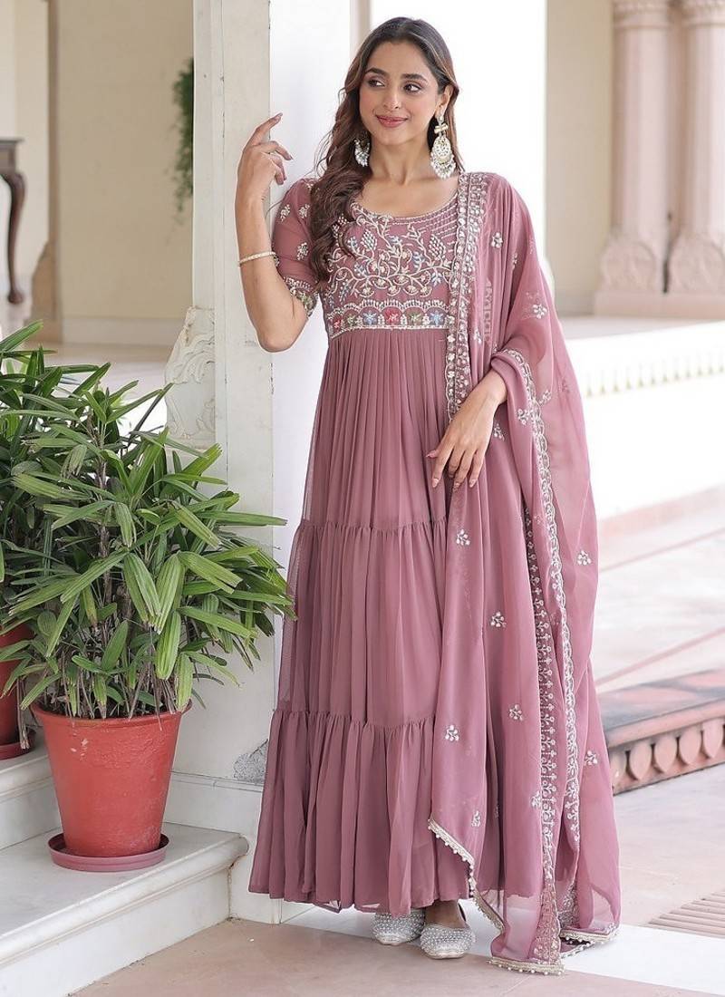Peach zari & sequins embroidered work georgette stitched kurta & dupatta set