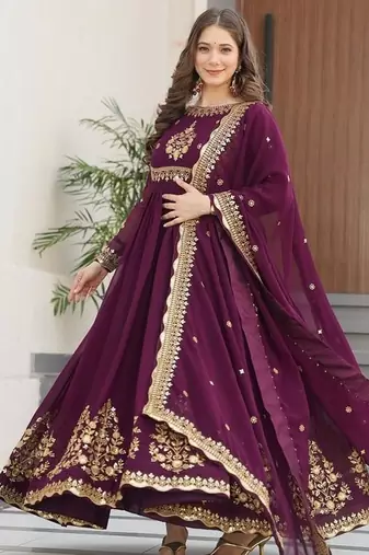 Wine zari & sequins embroidered work georgette stitched kurta & dupatta set