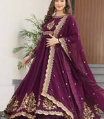 Wine zari & sequins embroidered work georgette stitched kurta & dupatta set