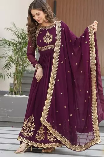 Wine zari & sequins embroidered georgette kurta & dupatta set