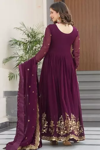Wine zari & sequins embroidered georgette kurta & dupatta set