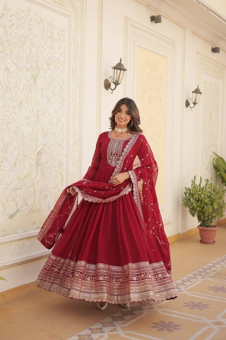 Maroon zari & sequins embroidered work georgette stitched kurta & dupatta set