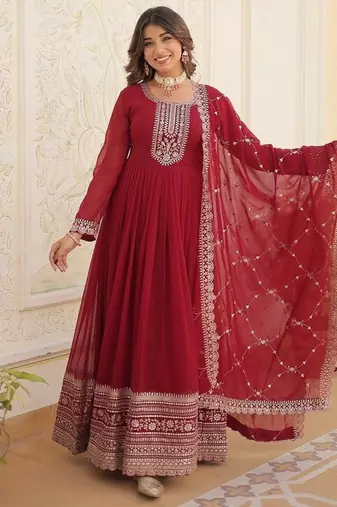 Maroon zari & sequins embroidered georgette kurta & dupatta set