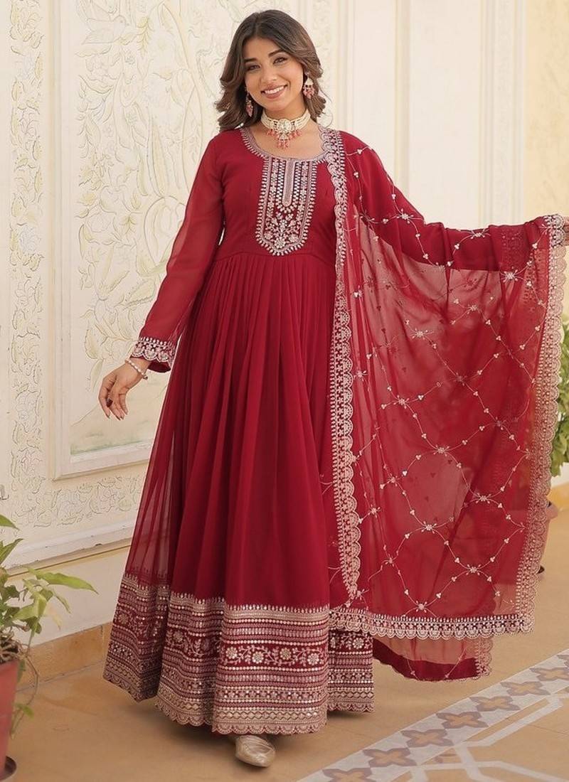 Maroon zari & sequins embroidered work georgette stitched kurta & dupatta set