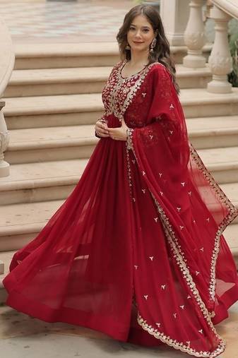 Maroon zari & sequins embroidered work georgette stitched kurta & dupatta set