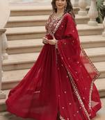 Maroon zari & sequins embroidered work georgette stitched kurta & dupatta set