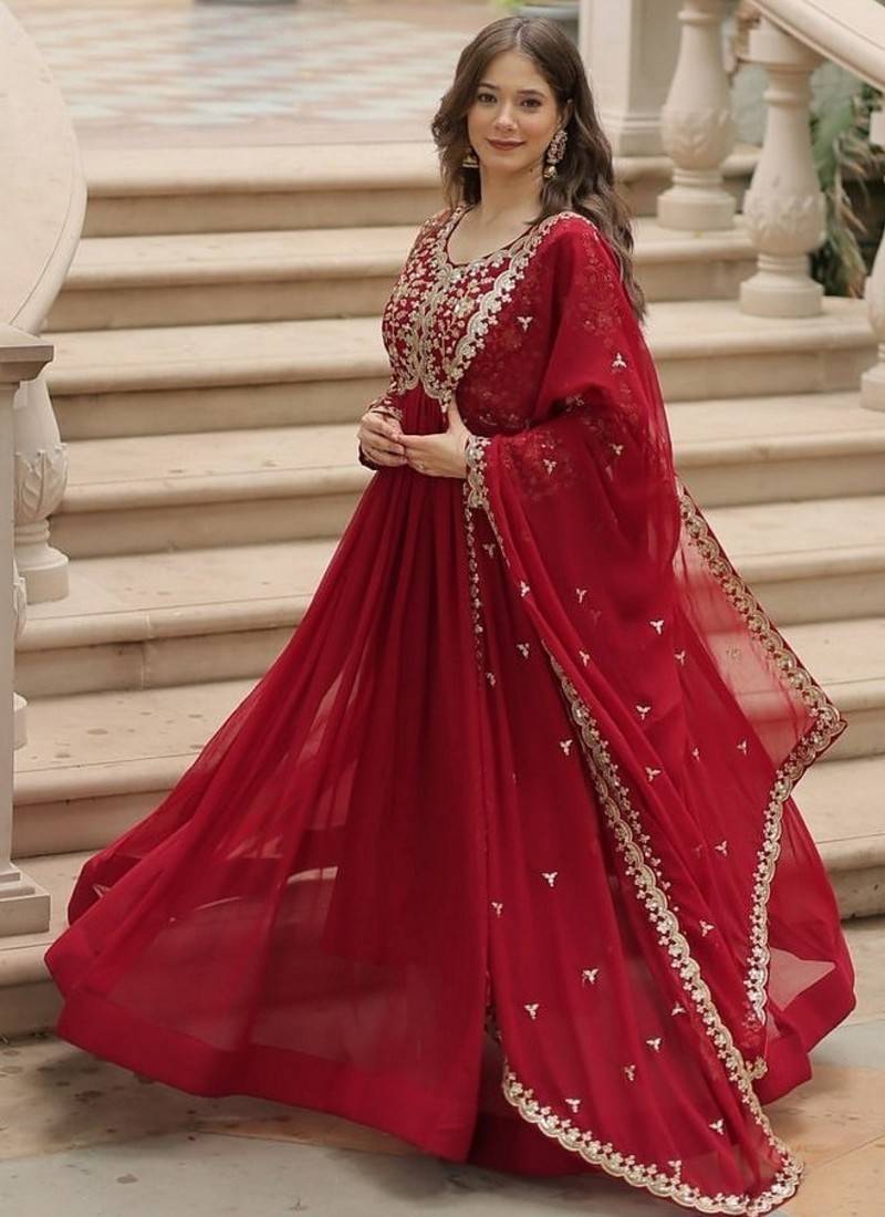 Maroon zari & sequins embroidered work georgette stitched kurta & dupatta set