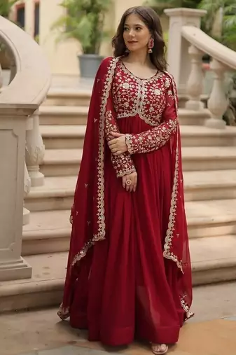 Maroon zari & sequins embroidered georgette kurta & dupatta set