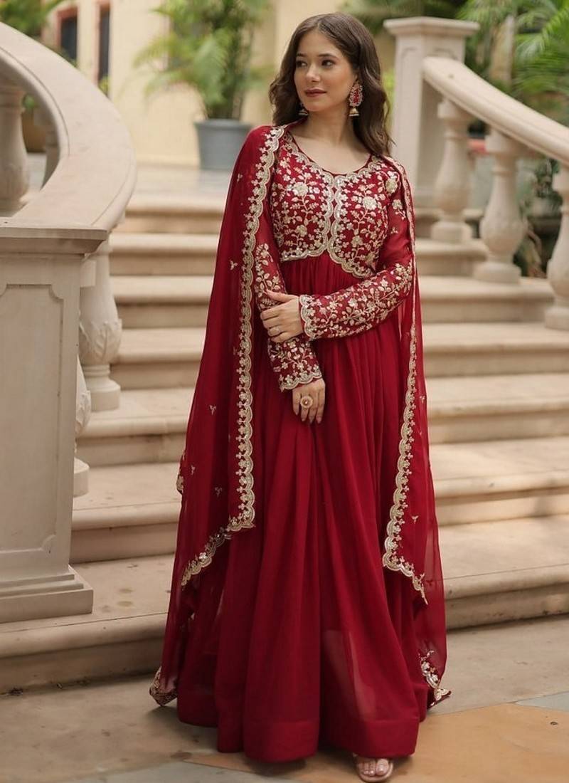 Maroon zari & sequins embroidered work georgette stitched kurta & dupatta set