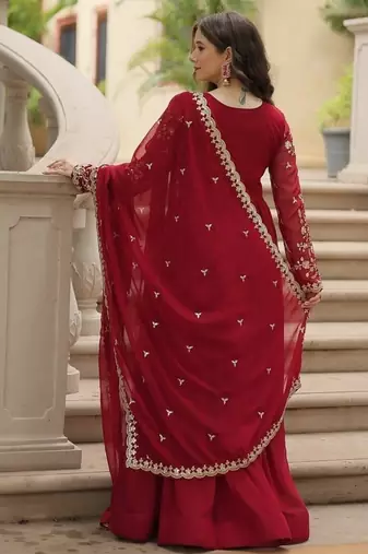 Maroon zari & sequins embroidered georgette kurta & dupatta set
