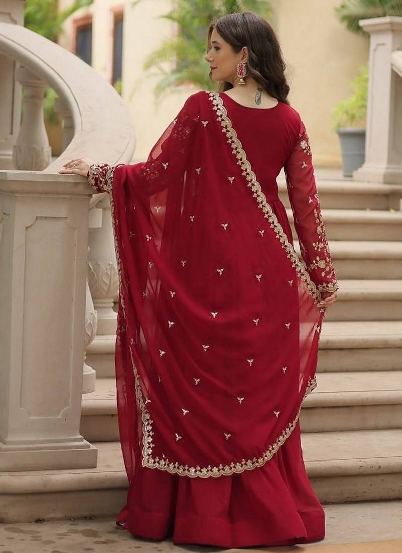 Maroon zari & sequins embroidered work georgette stitched kurta & dupatta set