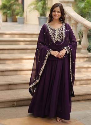 Purple zari & sequins embroidered georgette kurta & dupatta set 1