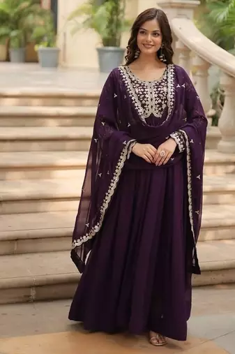Purple zari & sequins embroidered work georgette stitched kurta & dupatta set