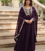 Purple zari & sequins embroidered work georgette stitched kurta & dupatta set