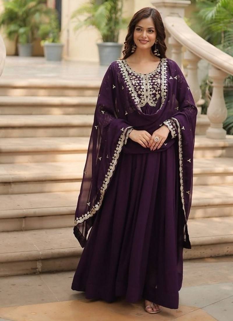 Purple zari & sequins embroidered work georgette stitched kurta & dupatta set